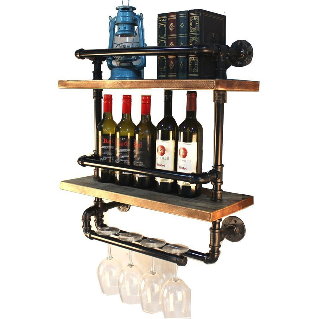 Industrial wood wall shelf pipe wine in real life style.