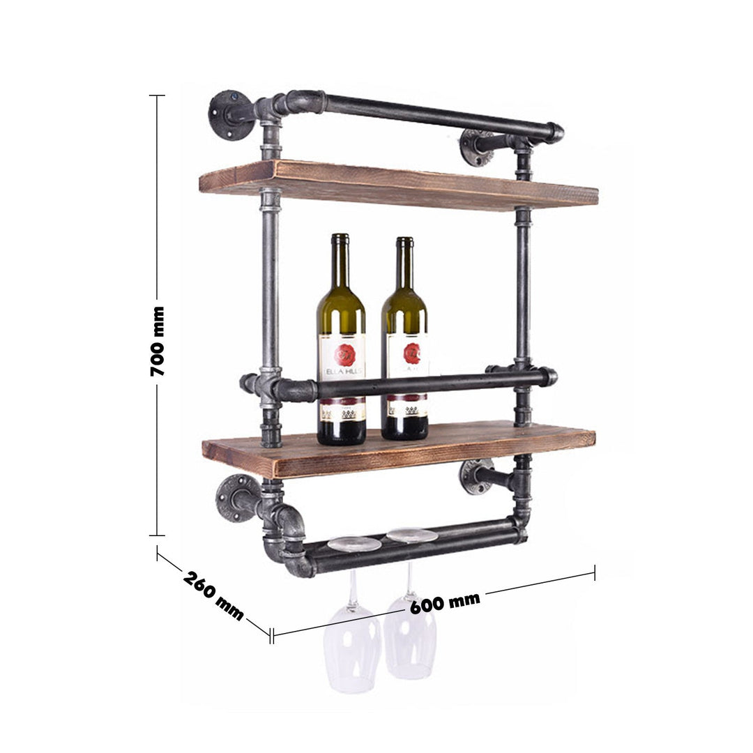 Industrial wood wall shelf pipe wine size charts.