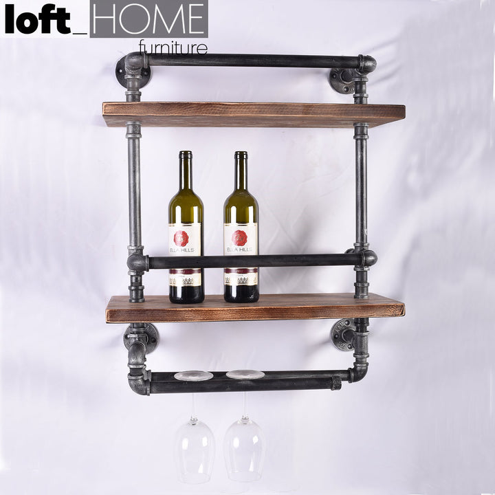 Industrial wood wall shelf pipe wine primary product view.