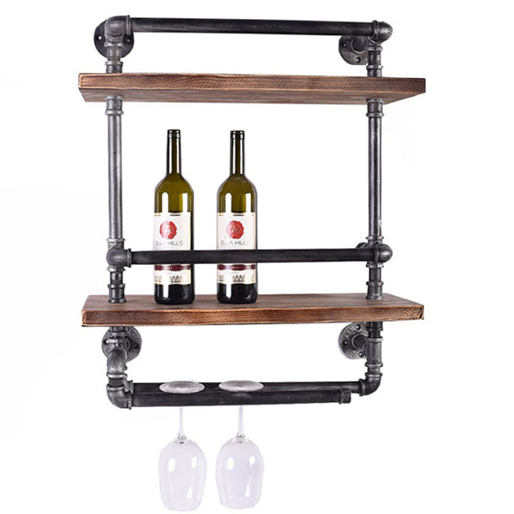Industrial wood wall shelf pipe wine in white background.