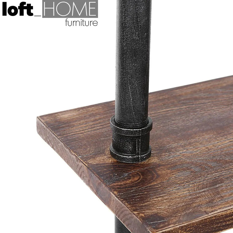 Industrial wood wall shelf pipe in details.