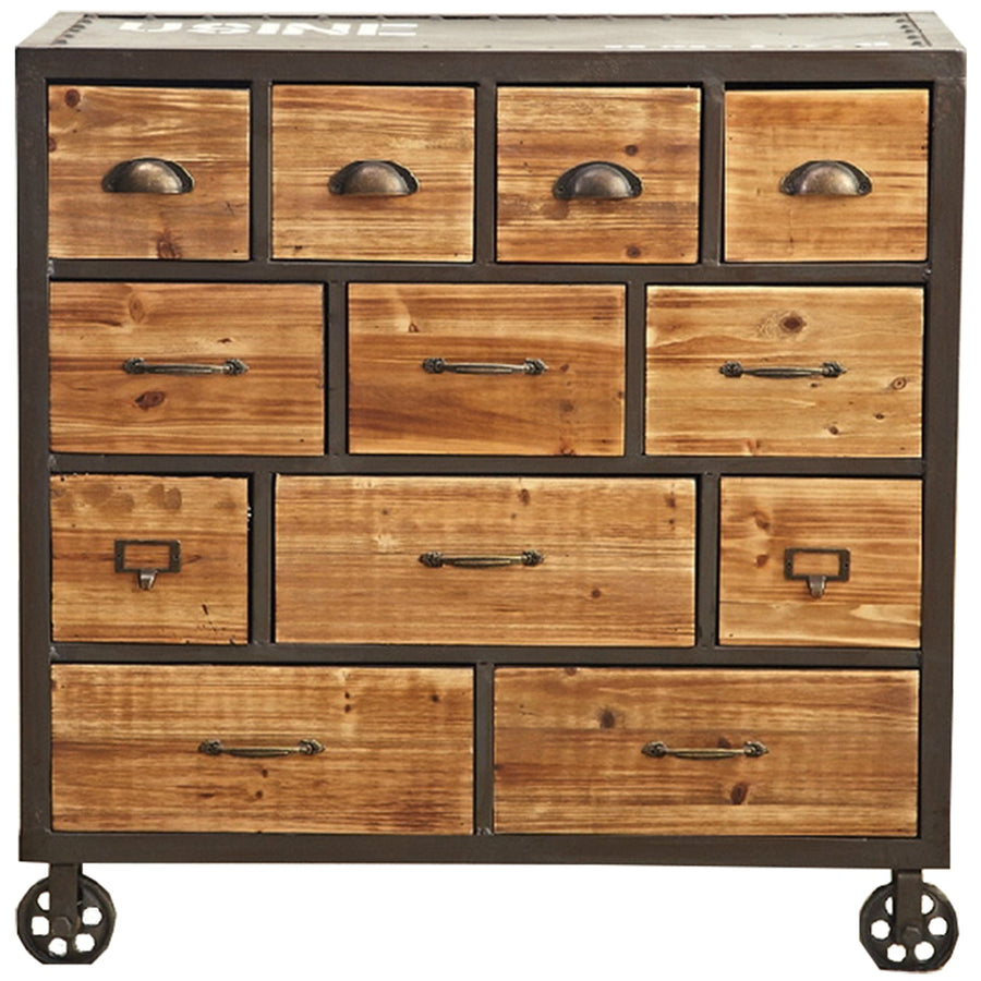 Industrial wood wheel drawer cabinet mysteel in white background.