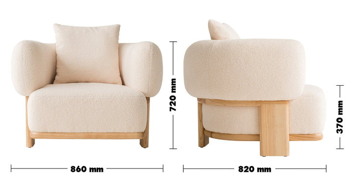 Japandi boucle fabric 1 seater sofa chubby size charts.