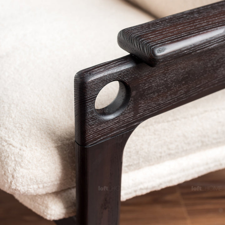 Japandi boucle fabric 1 seater sofa mview in details.