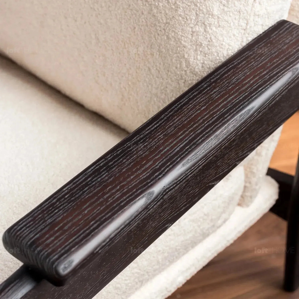 Japandi boucle fabric 1 seater sofa mview in close up details.