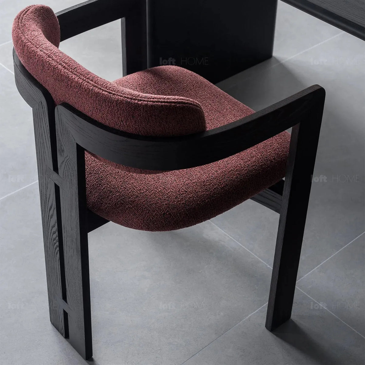 Japandi boucle fabric/leather dining chair semi circle material variants.