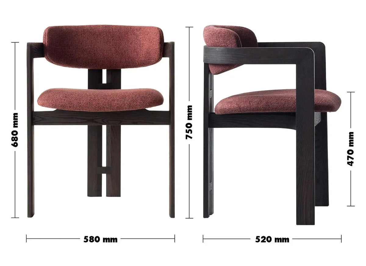 Japandi boucle fabric/leather dining chair semi circle size charts.