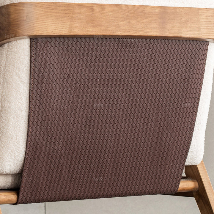 Japandi boucle fabric sofa chaise contemporaty conceptual design.