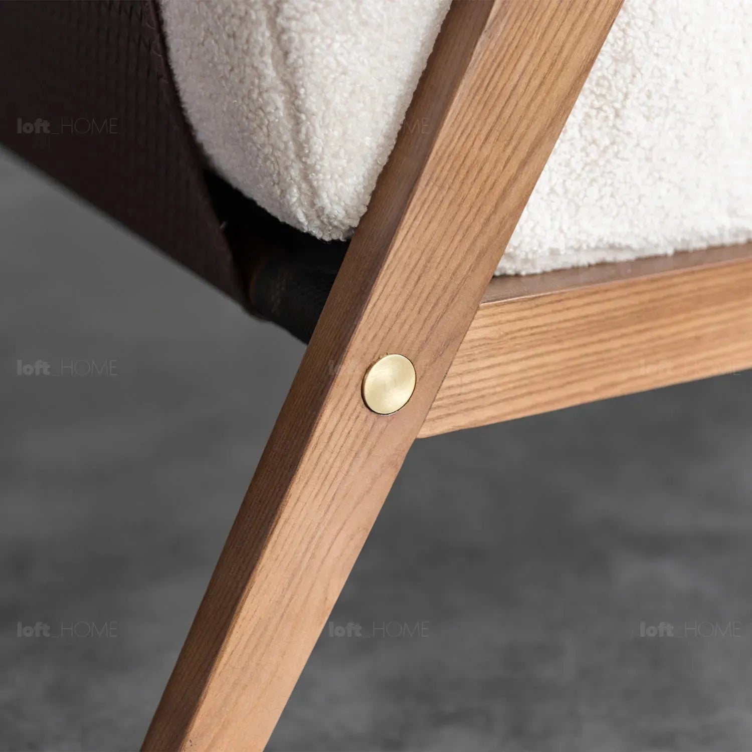Japandi boucle fabric sofa chaise contemporaty in still life.
