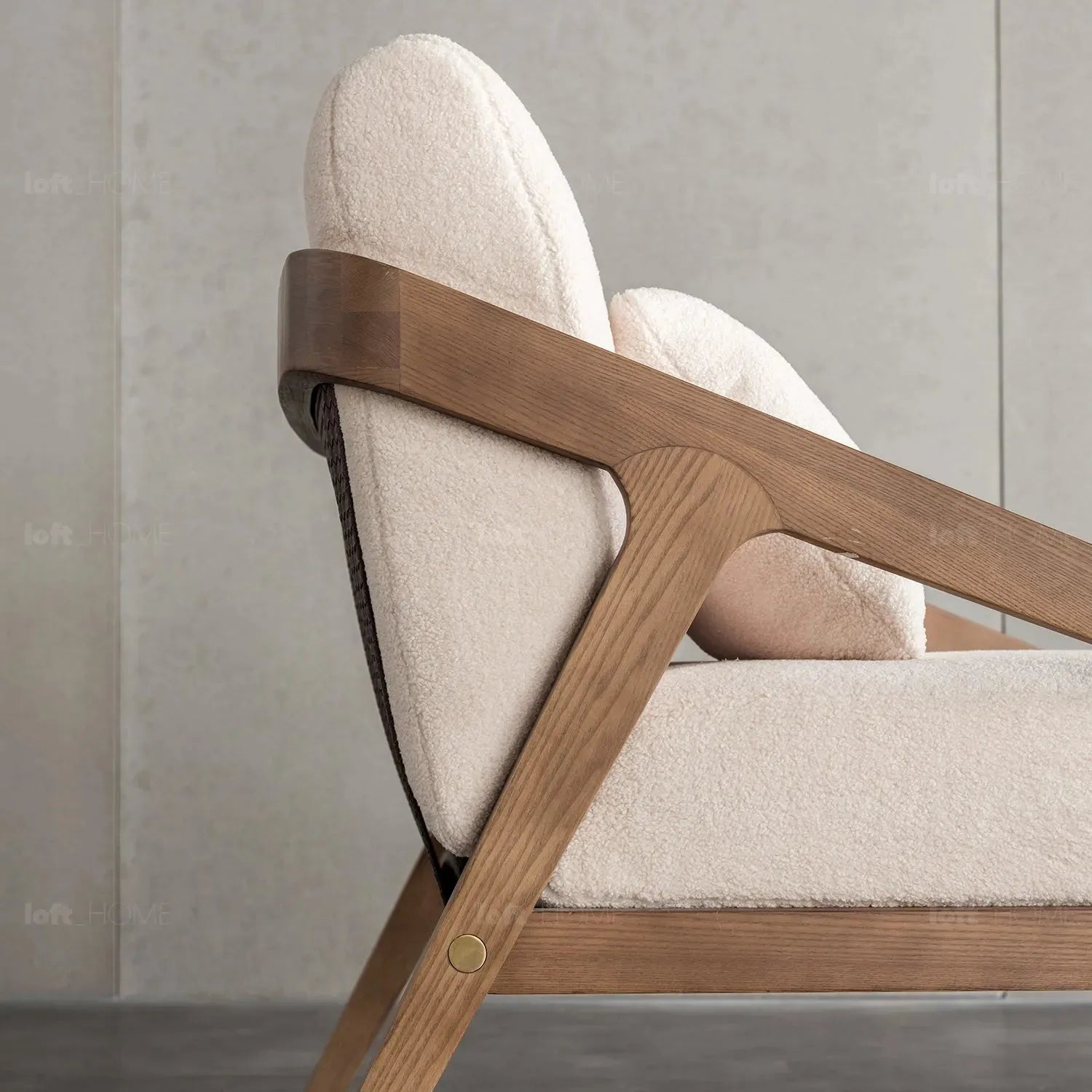 Japandi boucle fabric sofa chaise contemporaty in panoramic view.