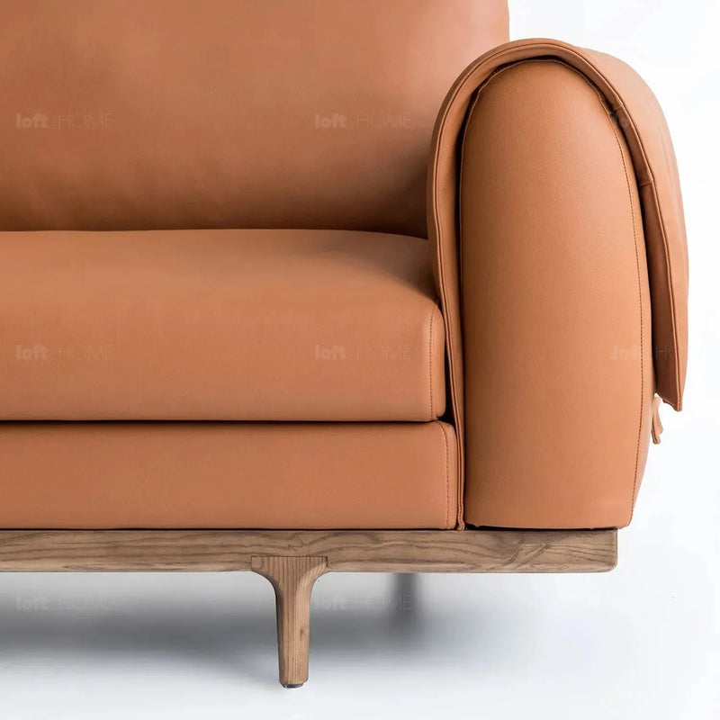 Japandi leather 3 seater sofa journey in panoramic view.
