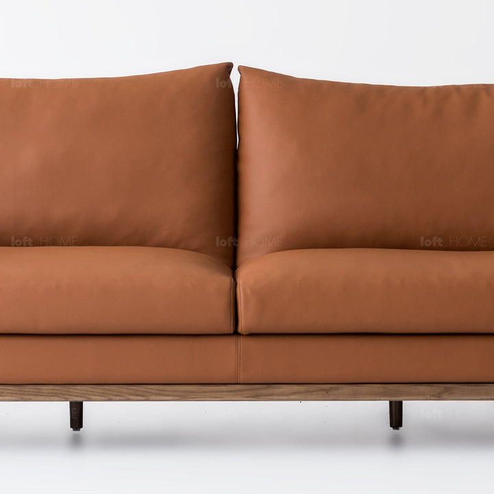 Japandi leather 3 seater sofa journey in close up details.