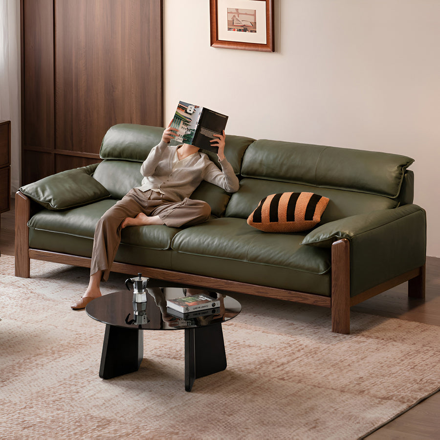 Japandi oak wood genuine leather 3 seater sofa kape primary product view.