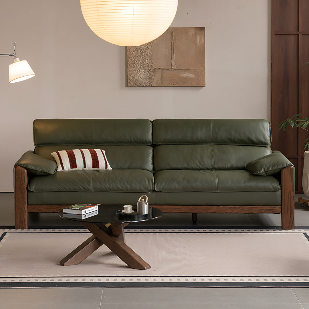 Japandi oak wood genuine leather 3 seater sofa kape in real life style.