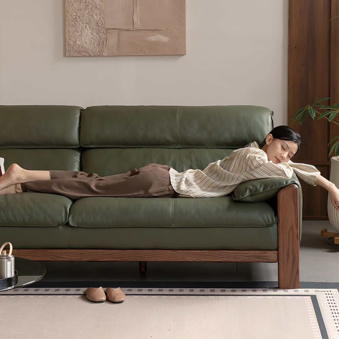 Japandi oak wood genuine leather 3 seater sofa kape in details.