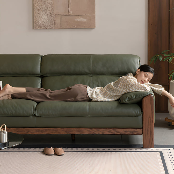 Japandi oak wood genuine leather 3 seater sofa kape in details.