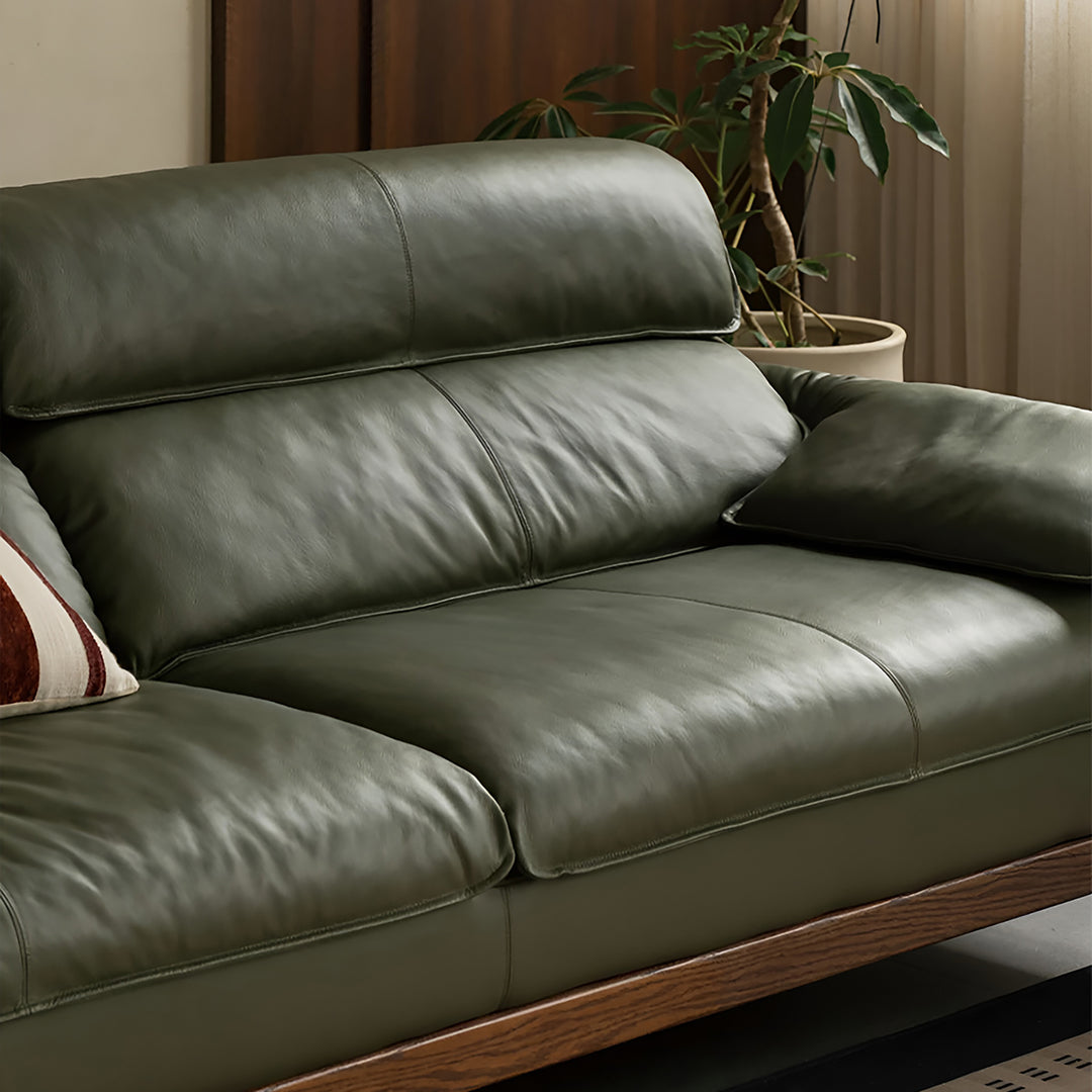 Japandi oak wood genuine leather 3 seater sofa kape in close up details.
