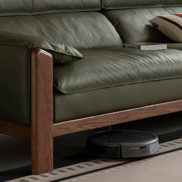 Japandi oak wood genuine leather 3 seater sofa kape in panoramic view.
