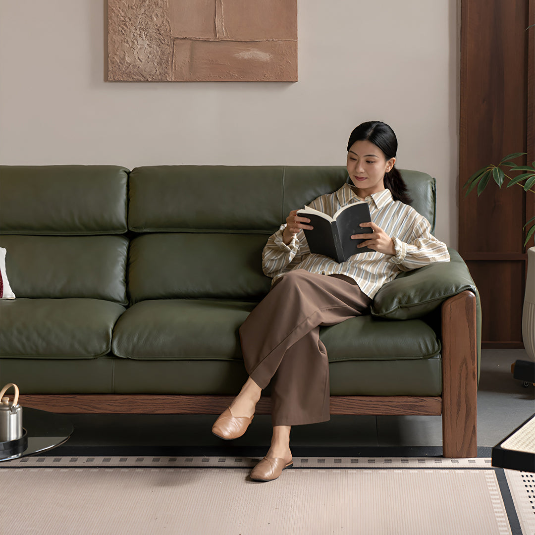 Japandi oak wood genuine leather 3 seater sofa kape in still life.