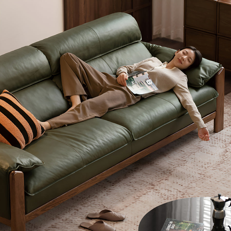 Japandi oak wood genuine leather 4 seater sofa kape primary product view.