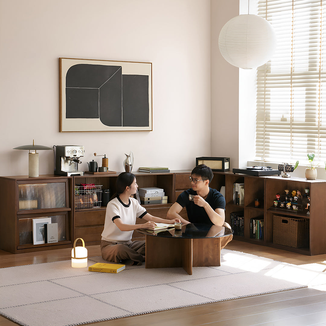 Japandi oak wood modular bookshelf blog conceptual design.
