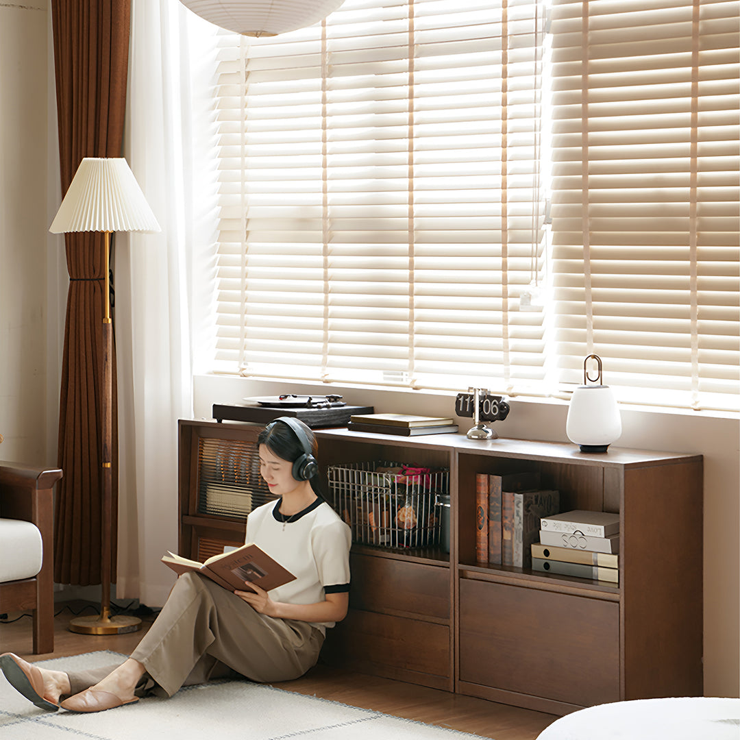 Japandi oak wood modular bookshelf blog size charts.