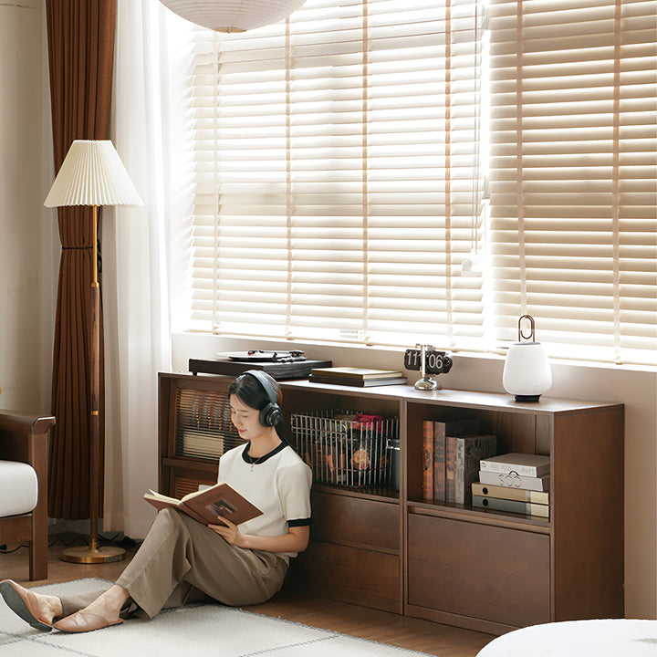 Japandi oak wood modular bookshelf blog size charts.