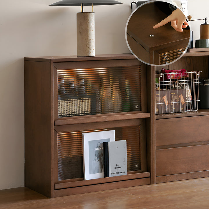 Japandi oak wood modular bookshelf blog material variants.