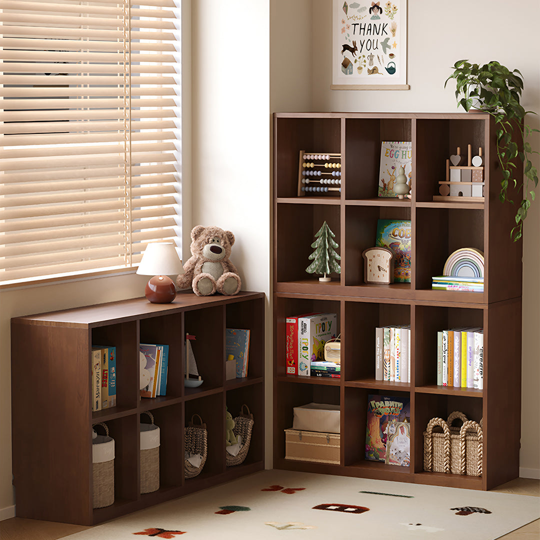 Japandi oak wood modular bookshelf blog with context.