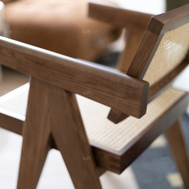 Japandi rattan armrest dining chair jeanneret detail 7.