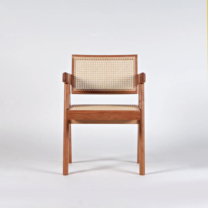 Japandi rattan armrest dining chair jeanneret conceptual design.