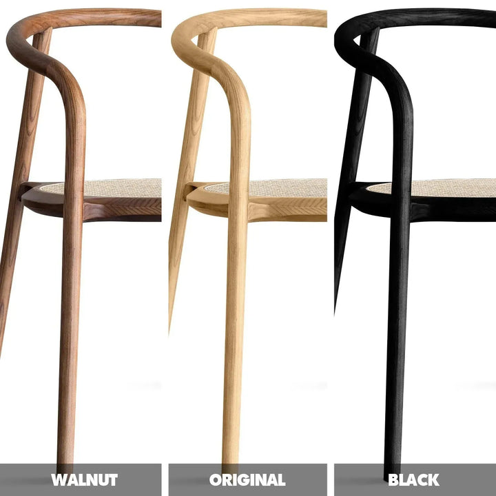 Japandi rattan dining chair circular color swatches.