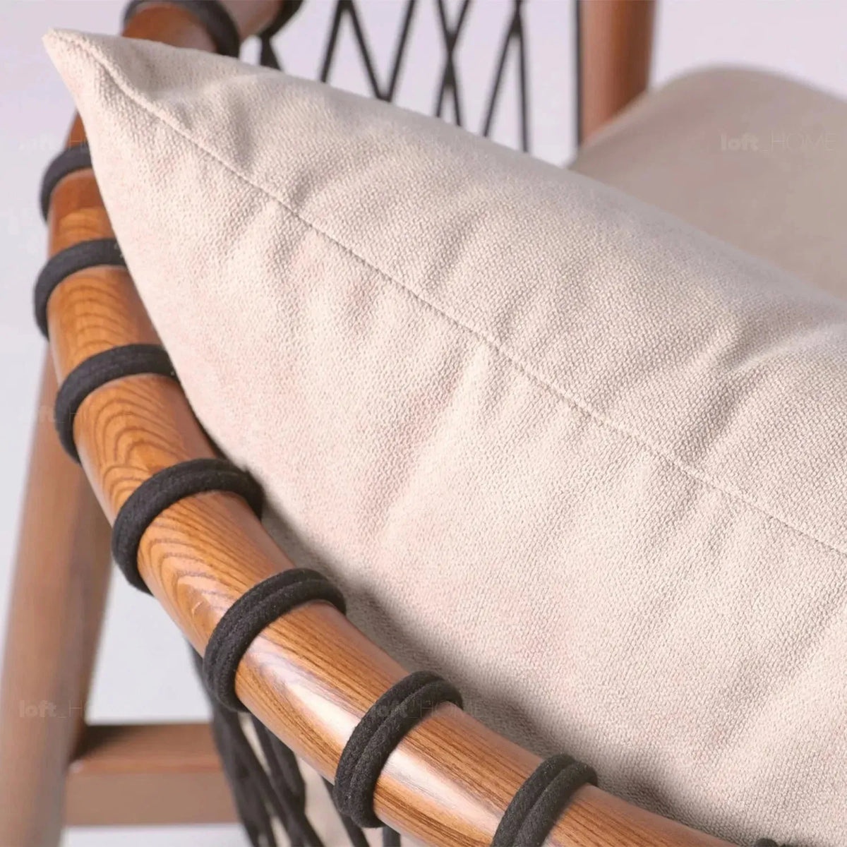 Japandi wood fabric woven rope 1 seater sofa basket in details.