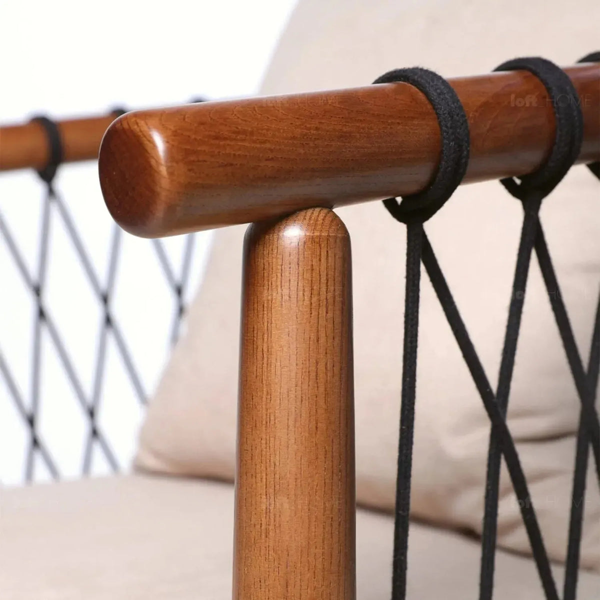 Japandi wood fabric woven rope 1 seater sofa basket in still life.