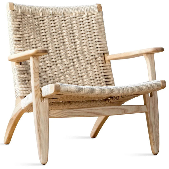 Japandi wood woven rope 1 seater sofa ch25 in white background.