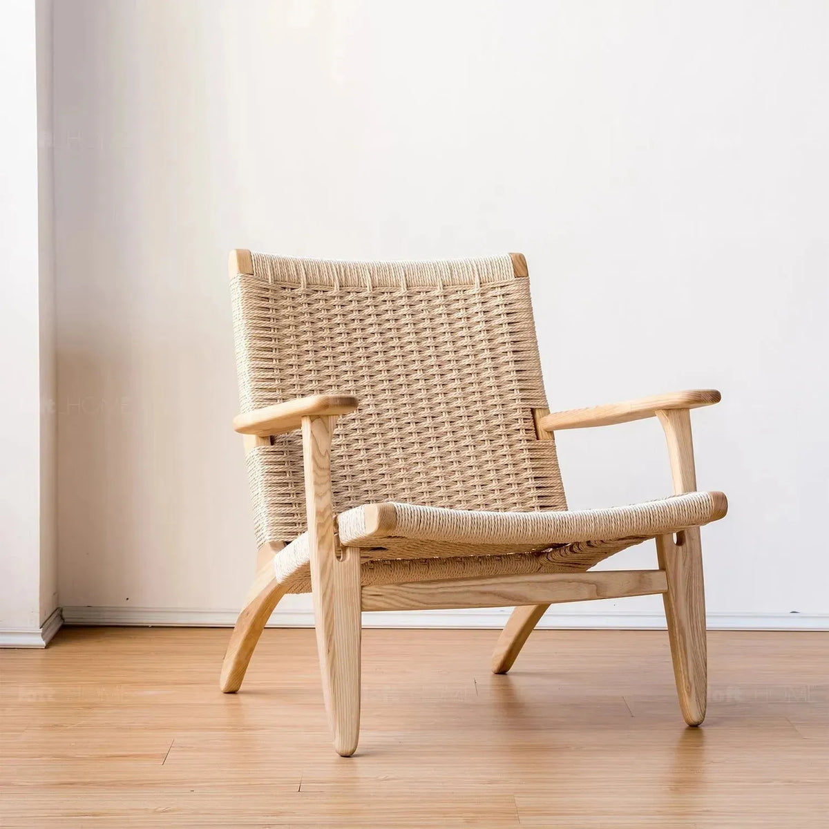 Japandi wood woven rope 1 seater sofa ch25 in panoramic view.