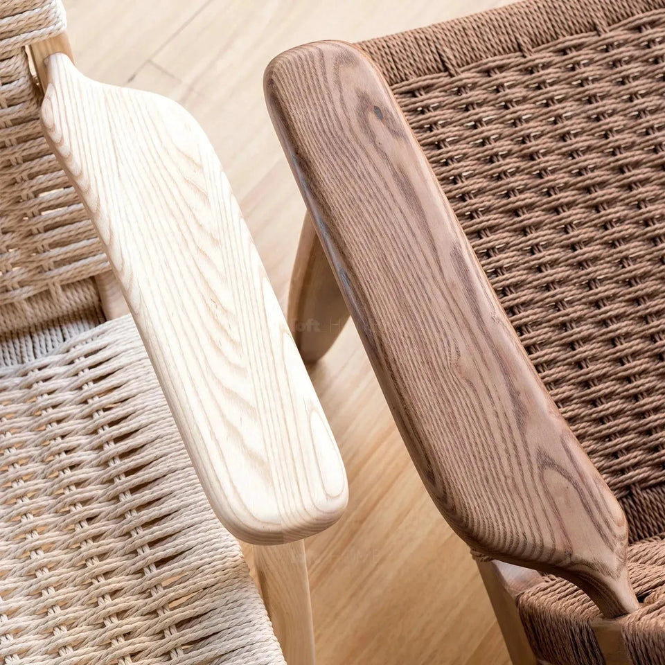 Japandi wood woven rope 1 seater sofa ch25 in close up details.