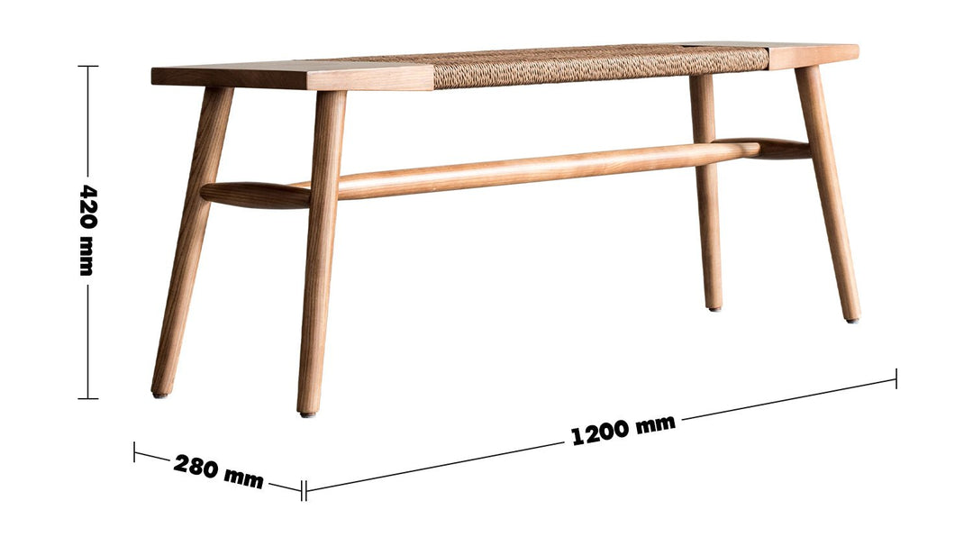 Japandi rope woven dining bench woven size charts.