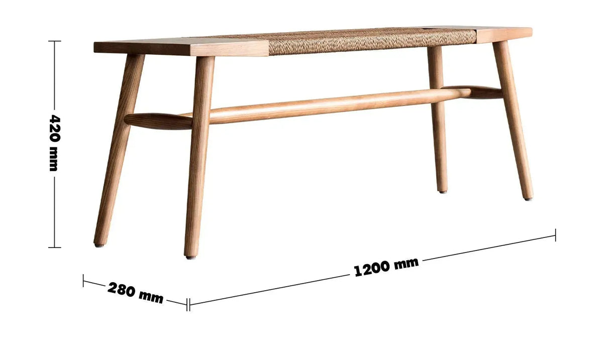 Japandi wood woven rope dining bench woven size charts.