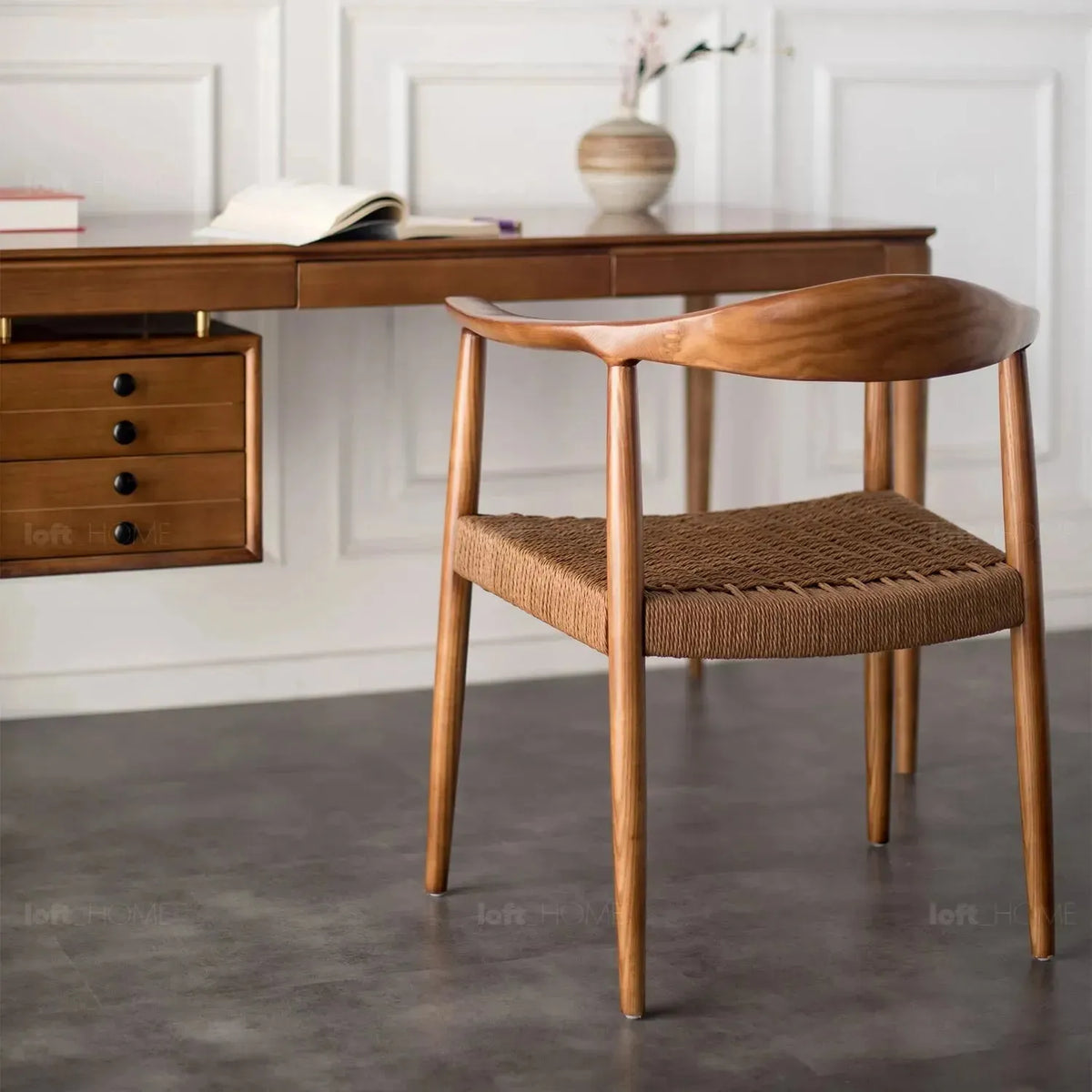 Japandi wood woven rope dining chair kennedy in panoramic view.