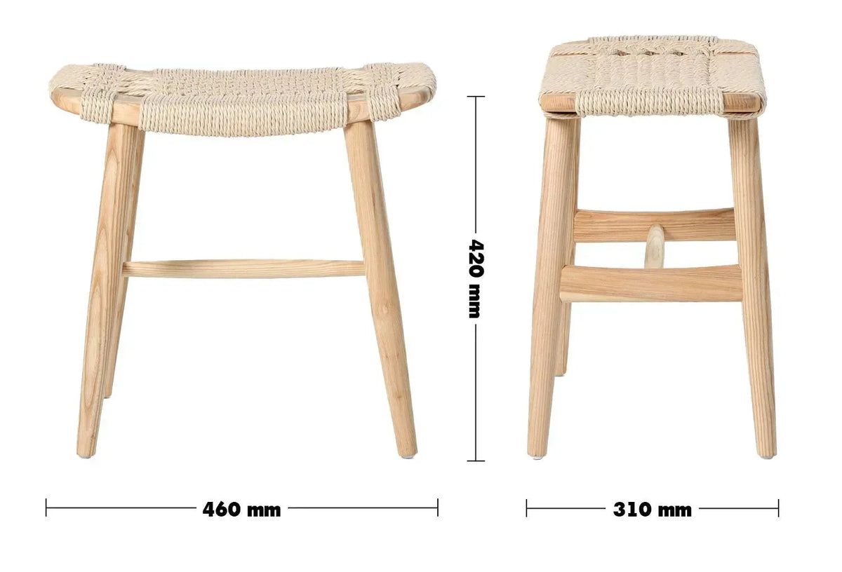Japandi wood woven rope dining stool woven size charts.