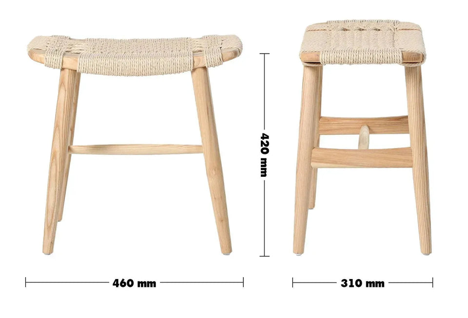 Japandi wood woven rope dining stool woven size charts.