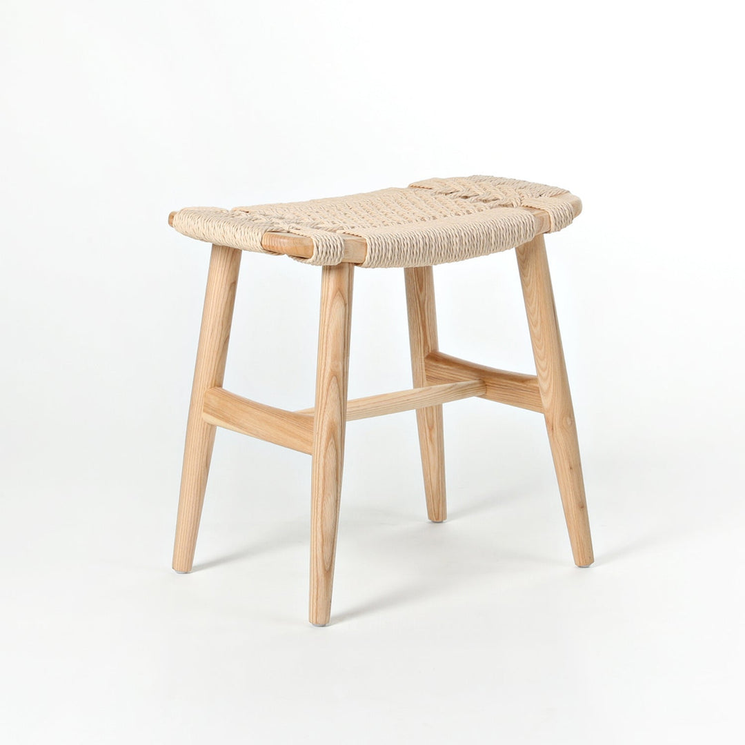Japandi rope woven dining stool woven with context.