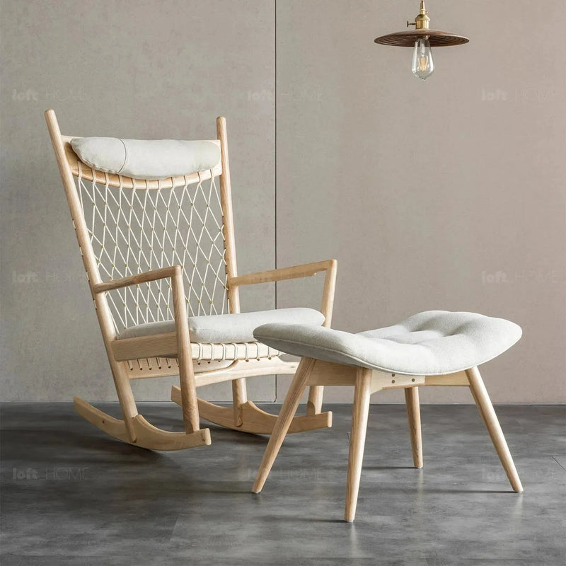 Japandi rope woven rocking chair hans wegner in real life style.
