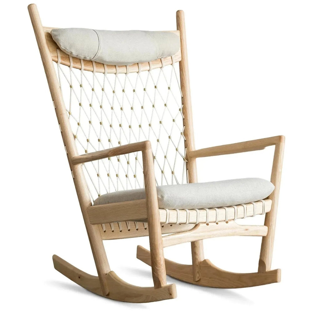 Japandi rope woven rocking chair hans wegner in white background.