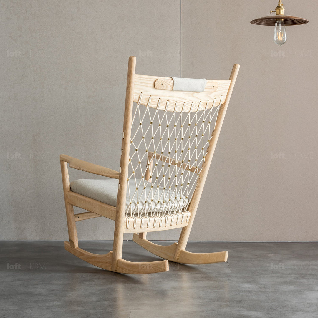Japandi rope woven rocking chair hans wegner with context.