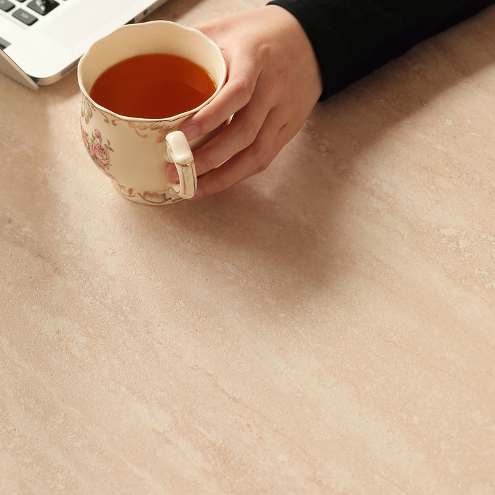 Japandi sintered stone coffee table set silence in panoramic view.