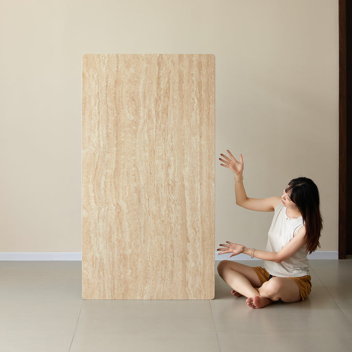 Japandi sintered stone oak wood dining table lennor with context.