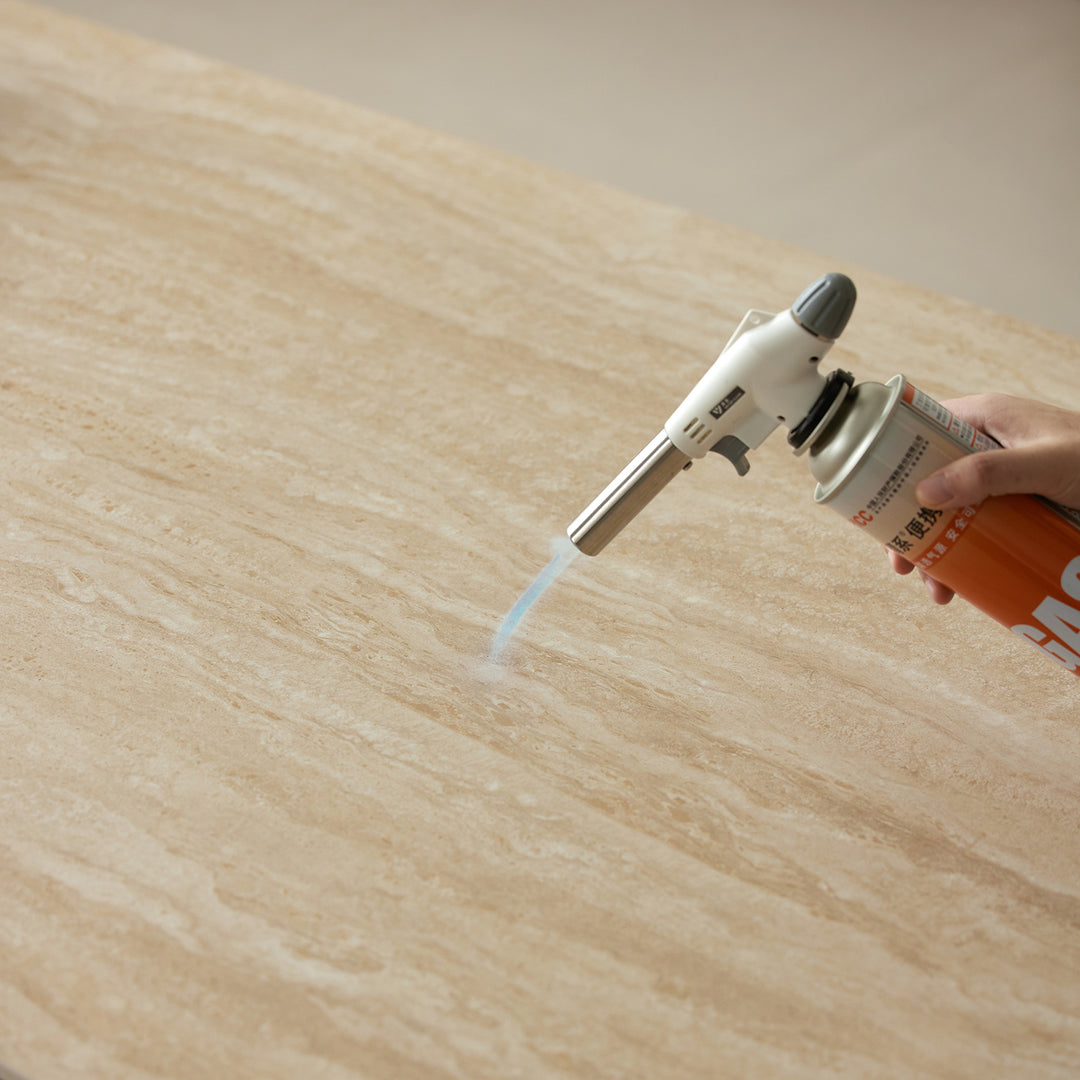 Japandi sintered stone oak wood dining table lennor in close up details.