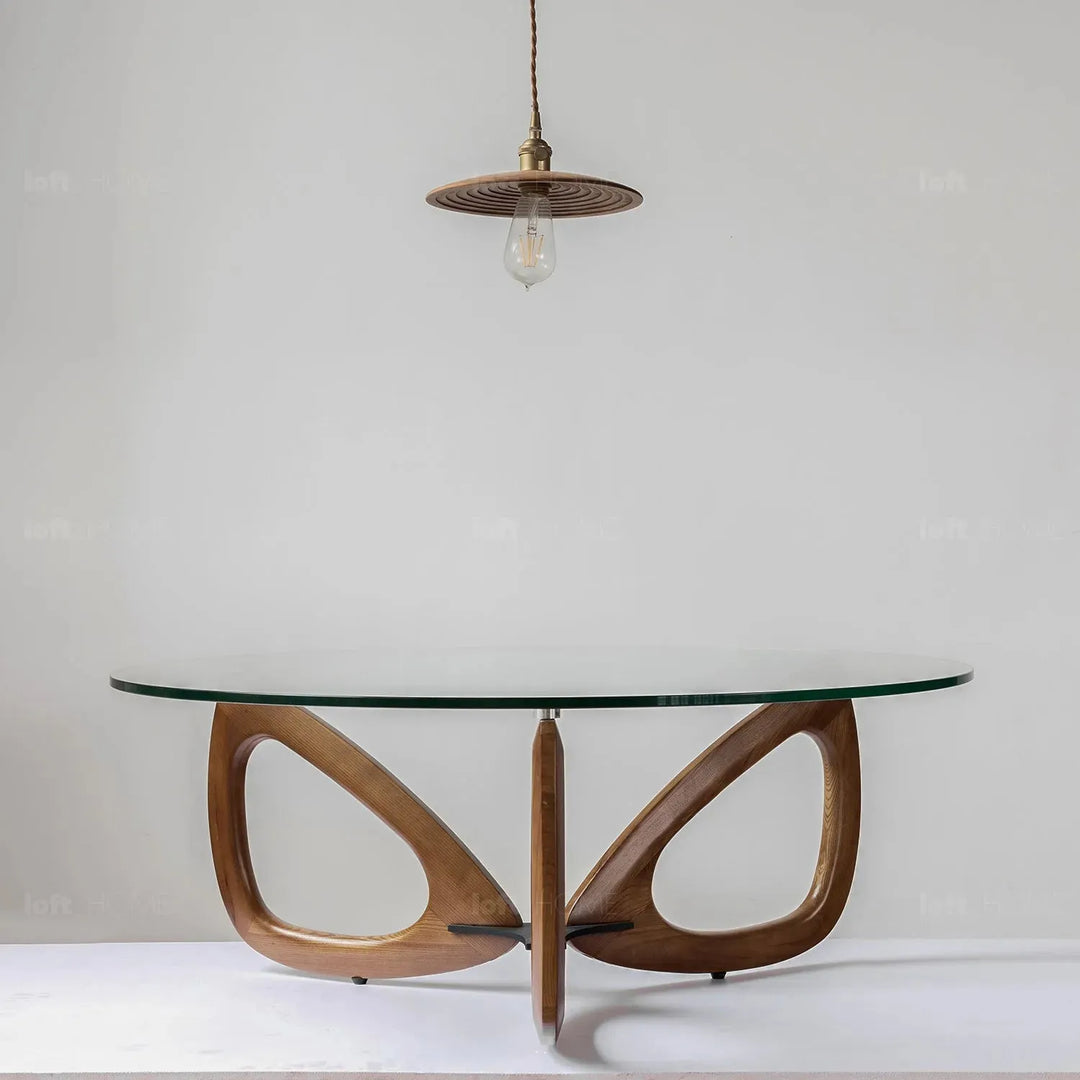 Japandi tempered glass coffee table petal in real life style.